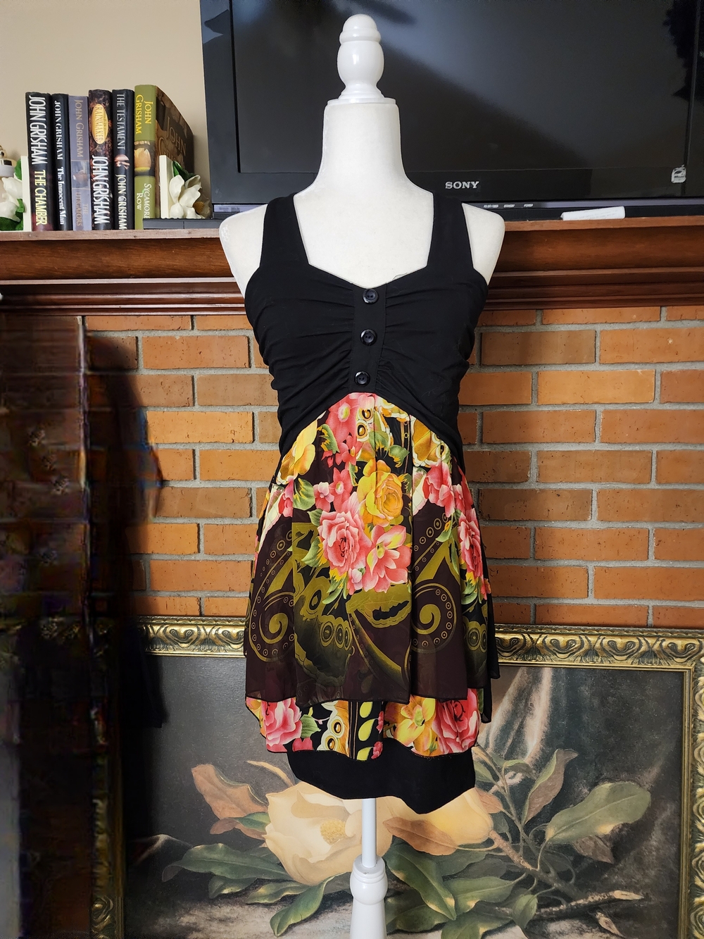 Pinky Black Bodice with Multicolor Floral Midi Dress Large